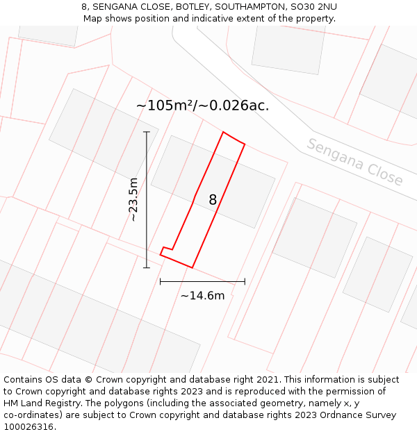 8, SENGANA CLOSE, BOTLEY, SOUTHAMPTON, SO30 2NU: Plot and title map