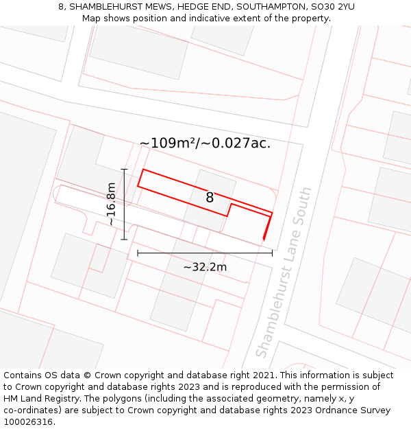 8, SHAMBLEHURST MEWS, HEDGE END, SOUTHAMPTON, SO30 2YU: Plot and title map