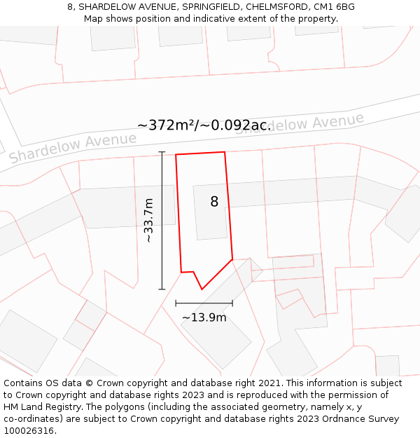 8, SHARDELOW AVENUE, SPRINGFIELD, CHELMSFORD, CM1 6BG: Plot and title map