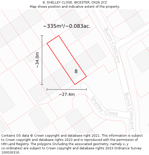 8, SHELLEY CLOSE, BICESTER, OX26 2YZ: Plot and title map