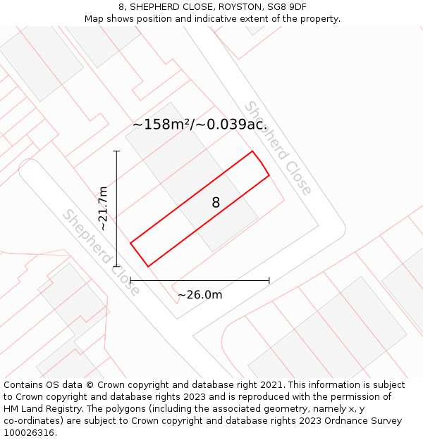 8, SHEPHERD CLOSE, ROYSTON, SG8 9DF: Plot and title map