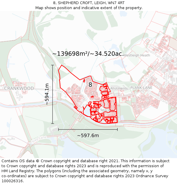 8, SHEPHERD CROFT, LEIGH, WN7 4RT: Plot and title map