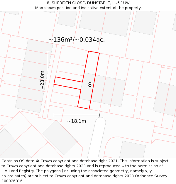 8, SHERIDEN CLOSE, DUNSTABLE, LU6 1UW: Plot and title map