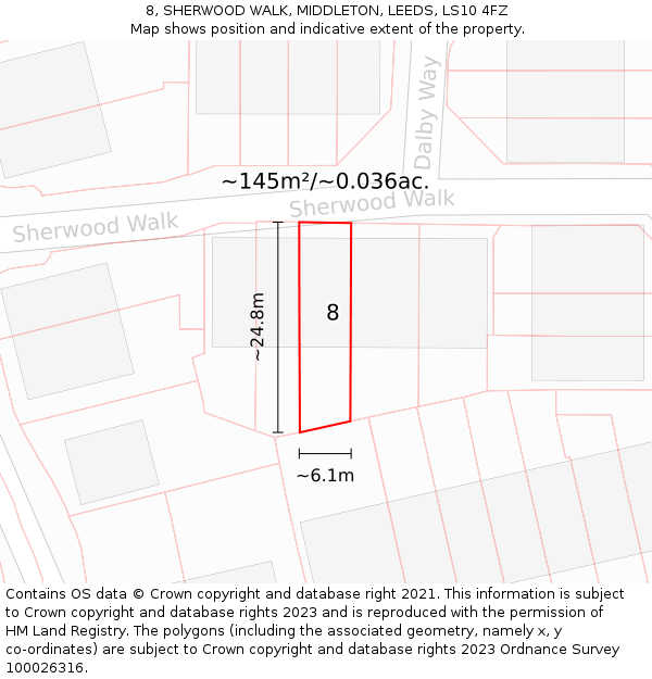 8, SHERWOOD WALK, MIDDLETON, LEEDS, LS10 4FZ: Plot and title map