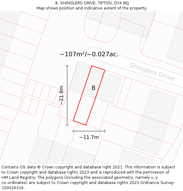8, SHINGLERS DRIVE, TIPTON, DY4 9EJ: Plot and title map
