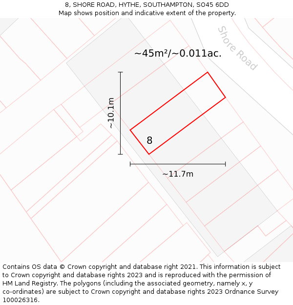 8, SHORE ROAD, HYTHE, SOUTHAMPTON, SO45 6DD: Plot and title map