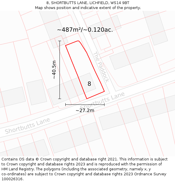 8, SHORTBUTTS LANE, LICHFIELD, WS14 9BT: Plot and title map