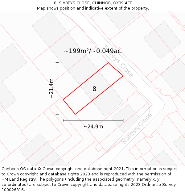 8, SIAREYS CLOSE, CHINNOR, OX39 4EF: Plot and title map