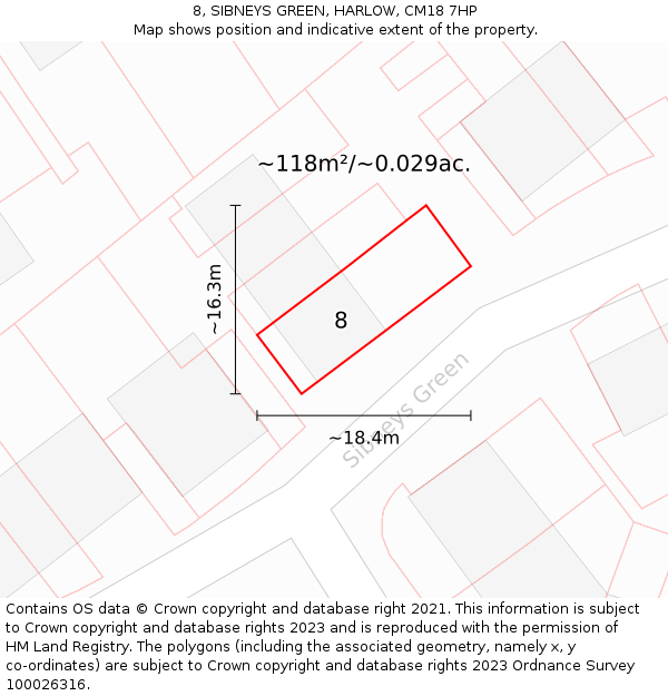8, SIBNEYS GREEN, HARLOW, CM18 7HP: Plot and title map