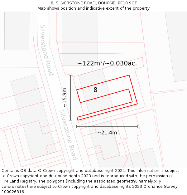 8, SILVERSTONE ROAD, BOURNE, PE10 9GT: Plot and title map