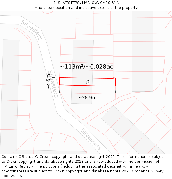 8, SILVESTERS, HARLOW, CM19 5NN: Plot and title map