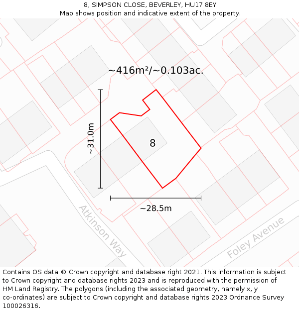 8, SIMPSON CLOSE, BEVERLEY, HU17 8EY: Plot and title map