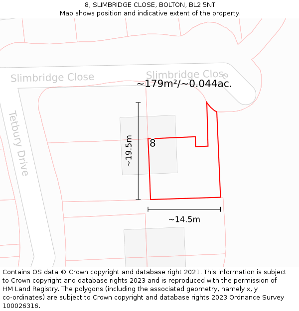 8, SLIMBRIDGE CLOSE, BOLTON, BL2 5NT: Plot and title map