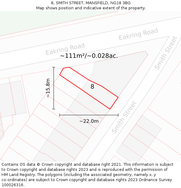 8, SMITH STREET, MANSFIELD, NG18 3BG: Plot and title map