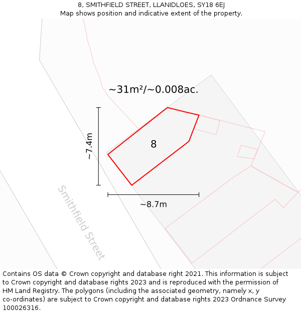 8, SMITHFIELD STREET, LLANIDLOES, SY18 6EJ: Plot and title map