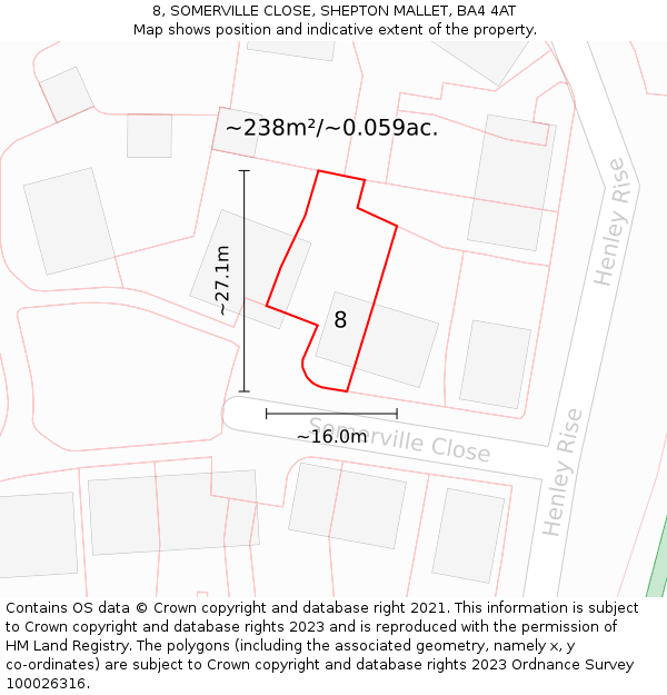 8, SOMERVILLE CLOSE, SHEPTON MALLET, BA4 4AT: Plot and title map