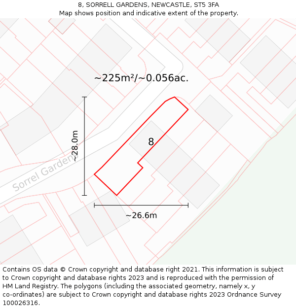 8, SORRELL GARDENS, NEWCASTLE, ST5 3FA: Plot and title map