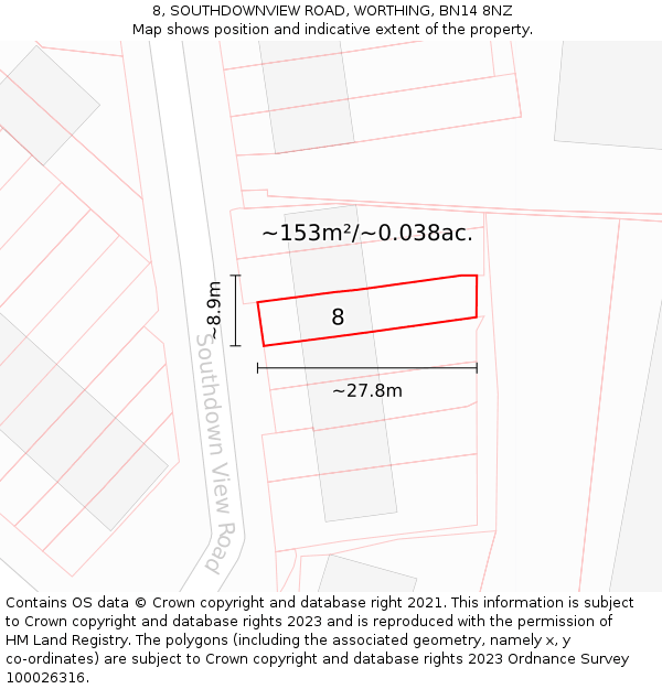 8, SOUTHDOWNVIEW ROAD, WORTHING, BN14 8NZ: Plot and title map
