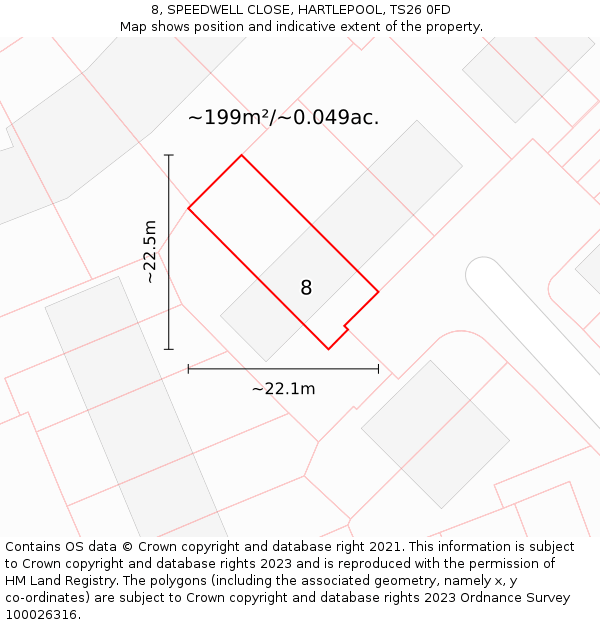 8, SPEEDWELL CLOSE, HARTLEPOOL, TS26 0FD: Plot and title map