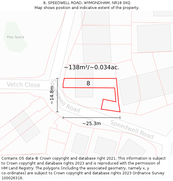 8, SPEEDWELL ROAD, WYMONDHAM, NR18 0XQ: Plot and title map