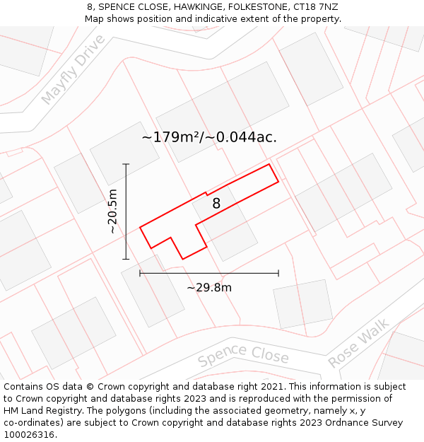 8, SPENCE CLOSE, HAWKINGE, FOLKESTONE, CT18 7NZ: Plot and title map