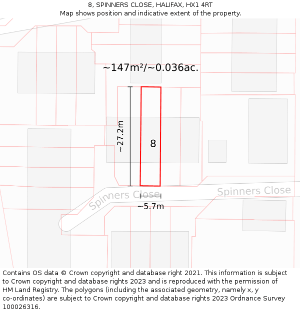 8, SPINNERS CLOSE, HALIFAX, HX1 4RT: Plot and title map