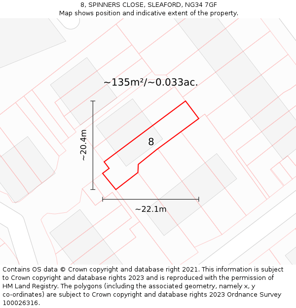 8, SPINNERS CLOSE, SLEAFORD, NG34 7GF: Plot and title map