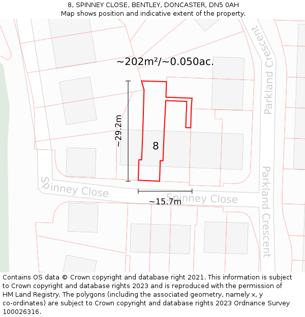 8, SPINNEY CLOSE, BENTLEY, DONCASTER, DN5 0AH: Plot and title map