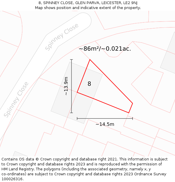 8, SPINNEY CLOSE, GLEN PARVA, LEICESTER, LE2 9NJ: Plot and title map