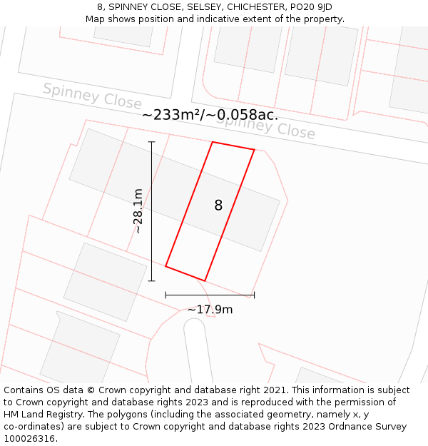 8, SPINNEY CLOSE, SELSEY, CHICHESTER, PO20 9JD: Plot and title map