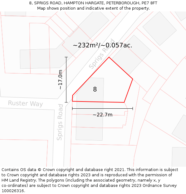 8, SPRIGS ROAD, HAMPTON HARGATE, PETERBOROUGH, PE7 8FT: Plot and title map