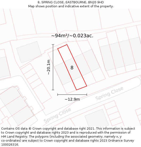 8, SPRING CLOSE, EASTBOURNE, BN20 9HD: Plot and title map
