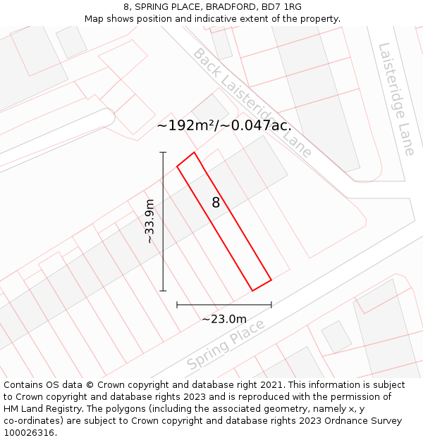 8, SPRING PLACE, BRADFORD, BD7 1RG: Plot and title map