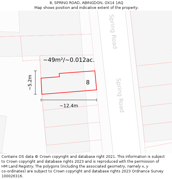 8, SPRING ROAD, ABINGDON, OX14 1AQ: Plot and title map