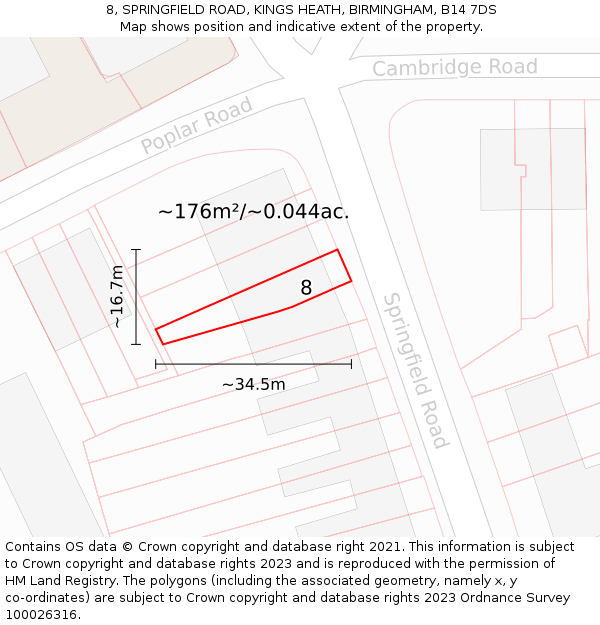 8, SPRINGFIELD ROAD, KINGS HEATH, BIRMINGHAM, B14 7DS: Plot and title map