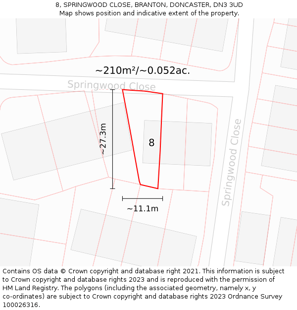 8, SPRINGWOOD CLOSE, BRANTON, DONCASTER, DN3 3UD: Plot and title map