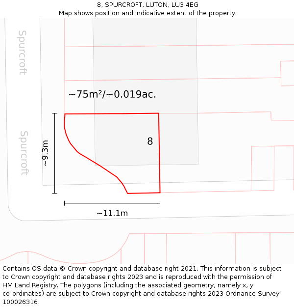 8, SPURCROFT, LUTON, LU3 4EG: Plot and title map