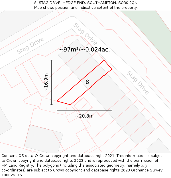 8, STAG DRIVE, HEDGE END, SOUTHAMPTON, SO30 2QN: Plot and title map