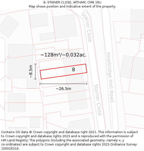 8, STAINER CLOSE, WITHAM, CM8 1RU: Plot and title map