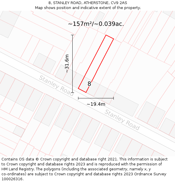 8, STANLEY ROAD, ATHERSTONE, CV9 2AS: Plot and title map