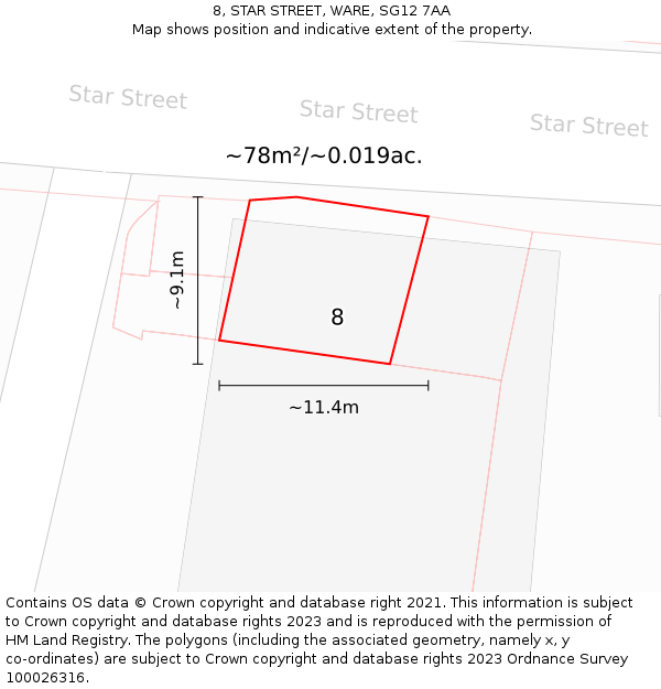 8, STAR STREET, WARE, SG12 7AA: Plot and title map