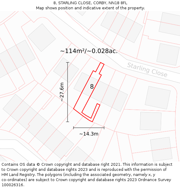 8, STARLING CLOSE, CORBY, NN18 8FL: Plot and title map
