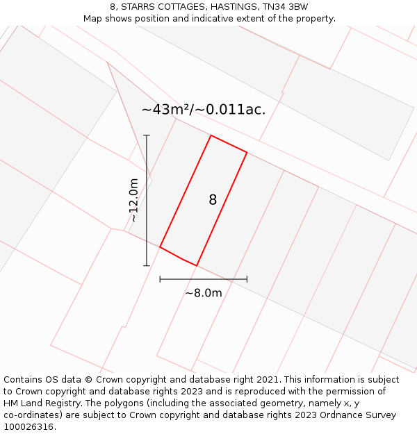 8, STARRS COTTAGES, HASTINGS, TN34 3BW: Plot and title map