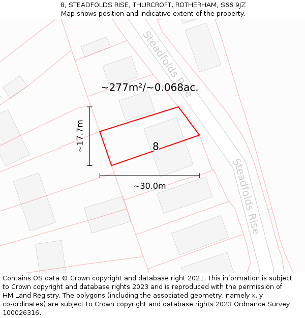 8, STEADFOLDS RISE, THURCROFT, ROTHERHAM, S66 9JZ: Plot and title map