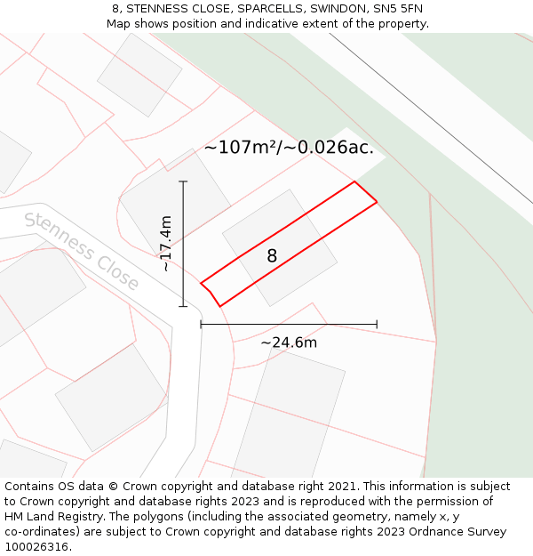 8, STENNESS CLOSE, SPARCELLS, SWINDON, SN5 5FN: Plot and title map