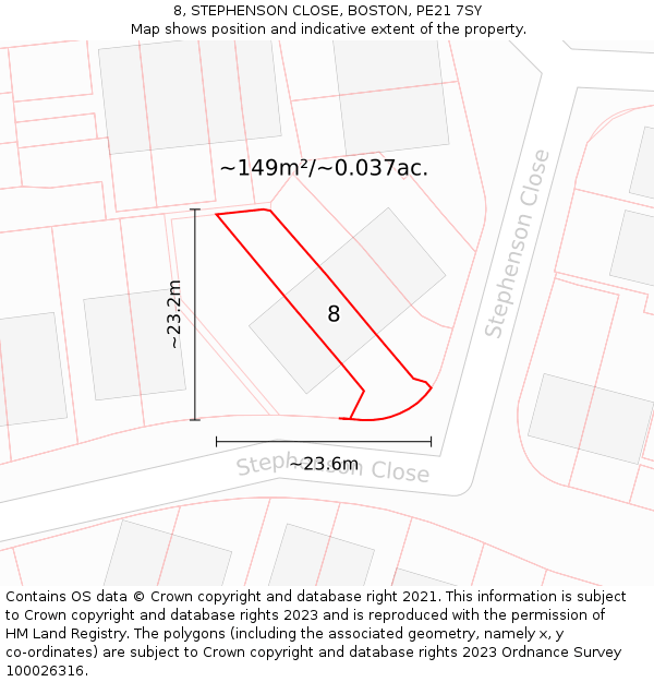 8, STEPHENSON CLOSE, BOSTON, PE21 7SY: Plot and title map
