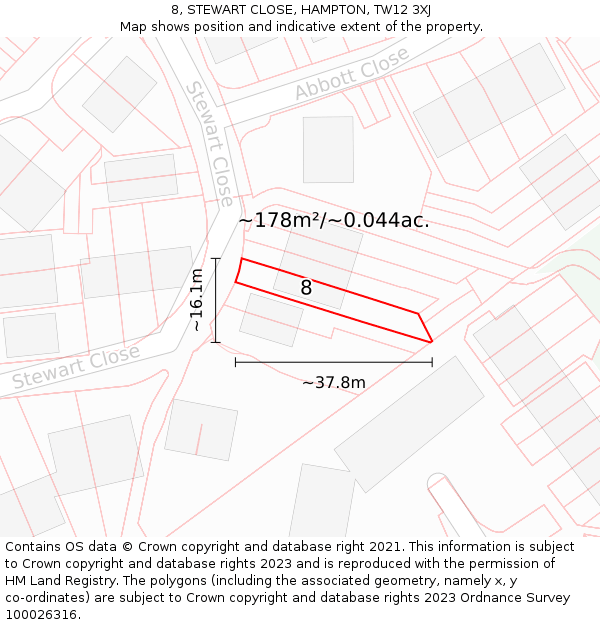 8, STEWART CLOSE, HAMPTON, TW12 3XJ: Plot and title map