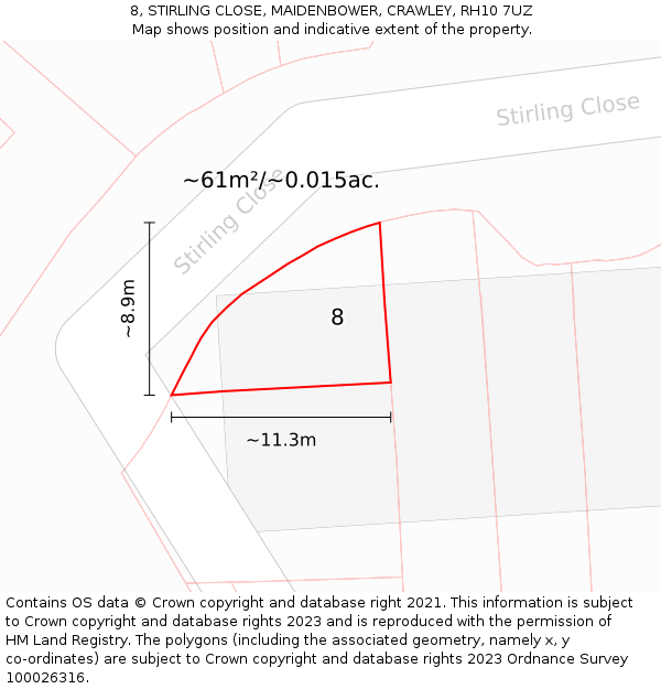 8, STIRLING CLOSE, MAIDENBOWER, CRAWLEY, RH10 7UZ: Plot and title map