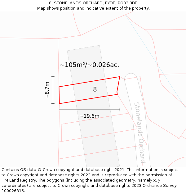 8, STONELANDS ORCHARD, RYDE, PO33 3BB: Plot and title map