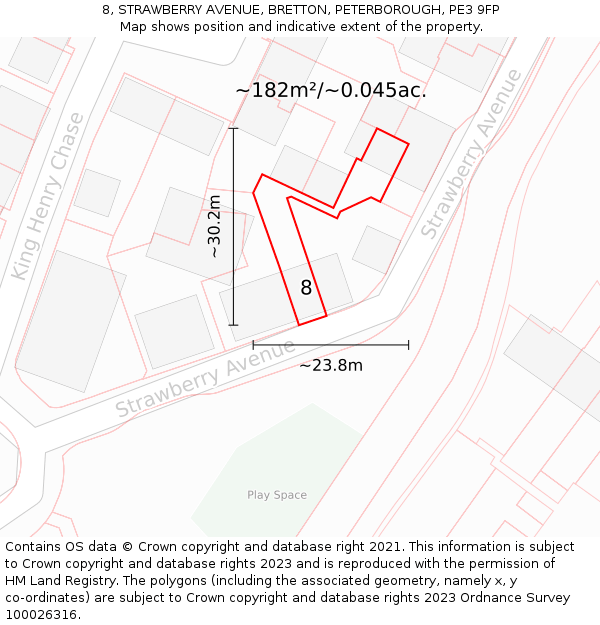 8, STRAWBERRY AVENUE, BRETTON, PETERBOROUGH, PE3 9FP: Plot and title map